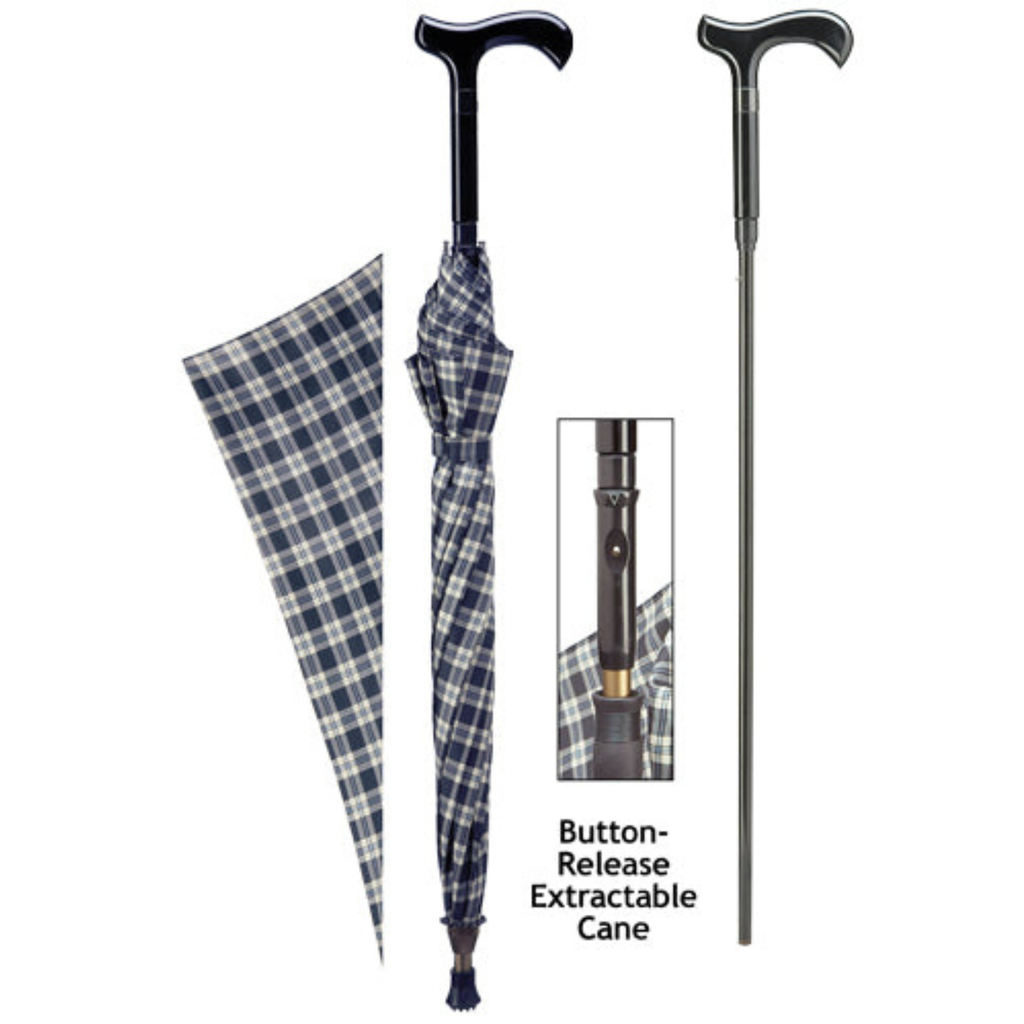 Cane Umbrella - Blue and Black Plaid