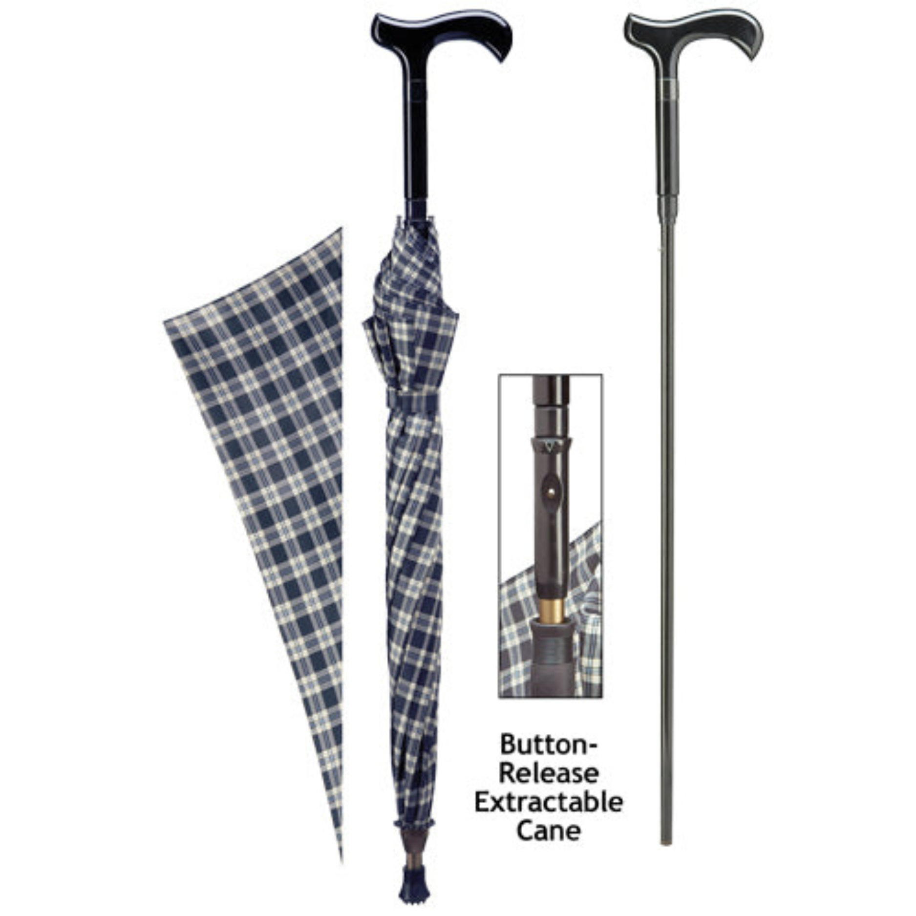 Cane Umbrella - Blue and Black Plaid