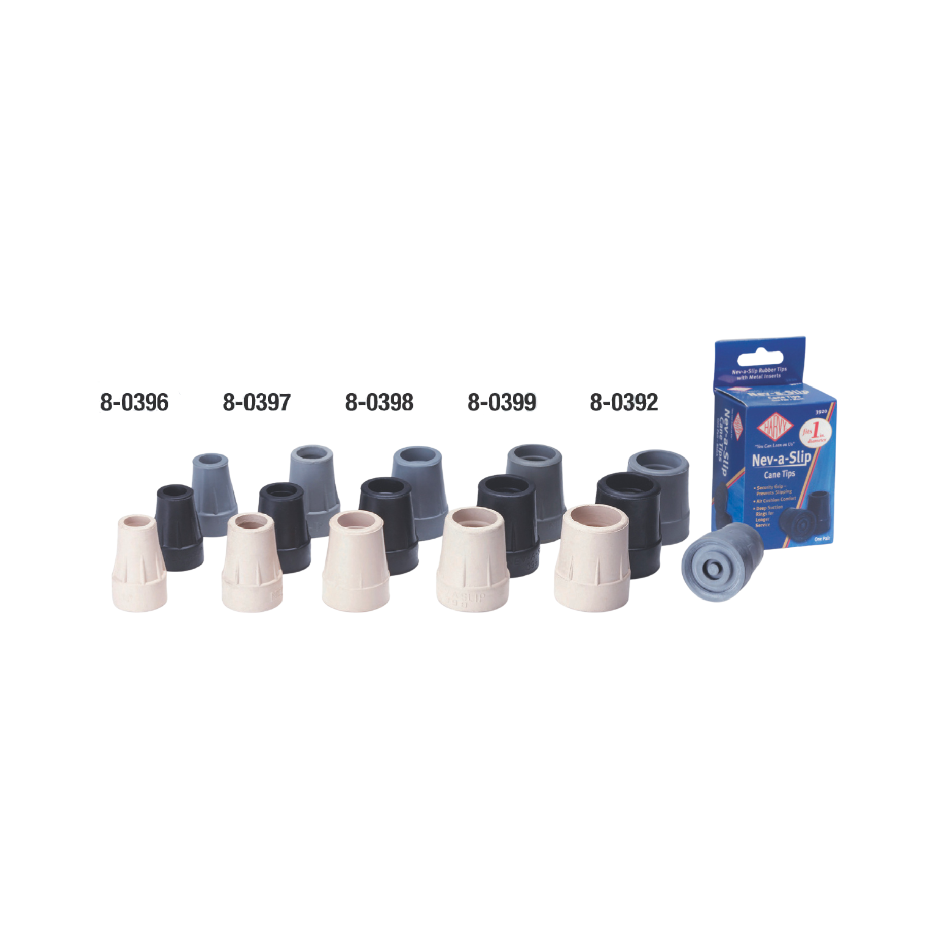 Nev-a-Slip Durable Rubber Walking Cane Tips - 5 Sizes & 2 Colors Available (Pair)